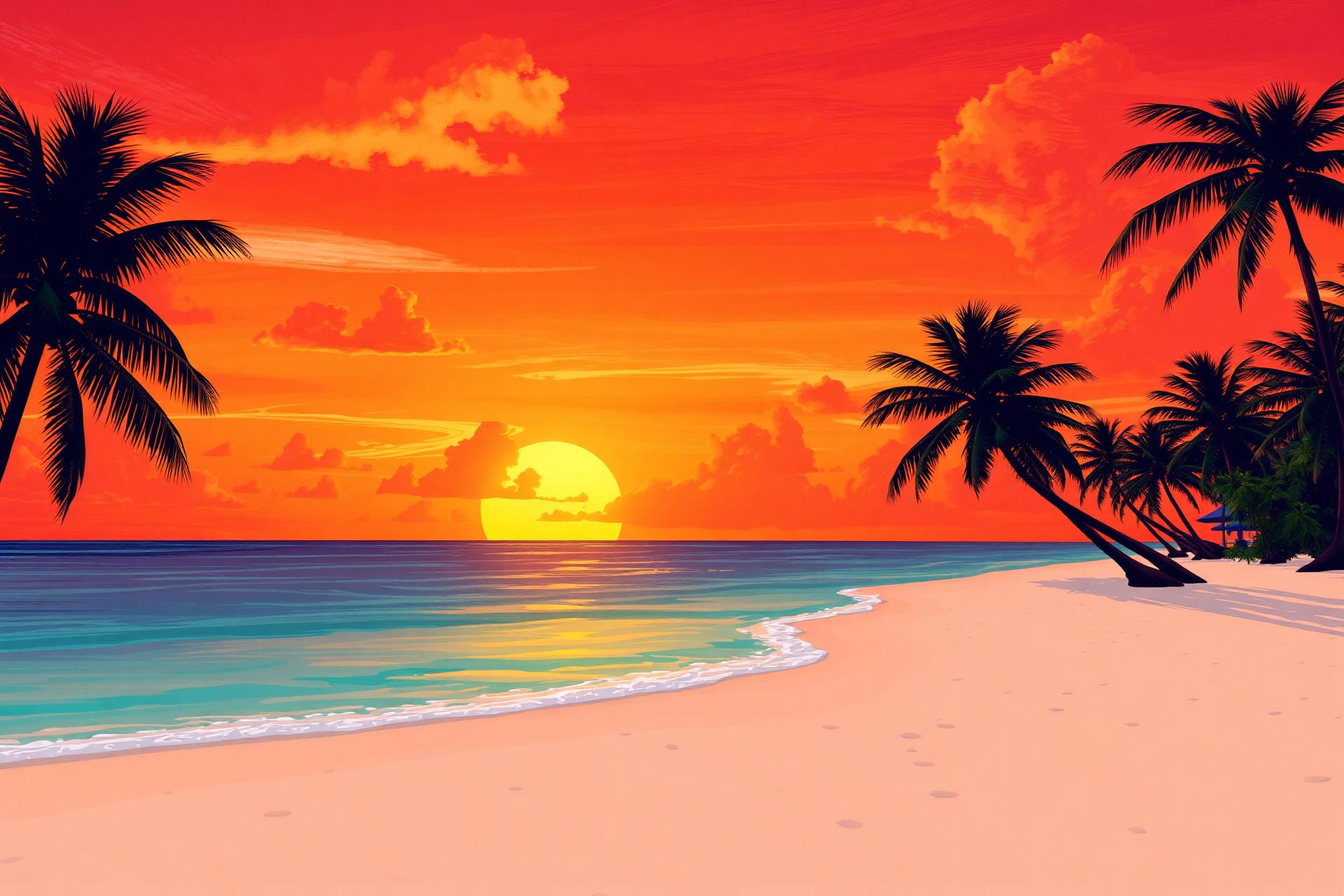 Aruba sunset over the ocean with palm trees